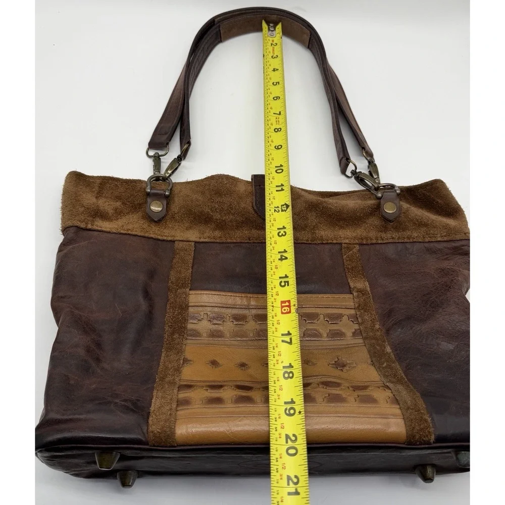 Vtg Tooled Leather Handbag Purse Brown Southwestern Boho Geometric Shoulder Bag
